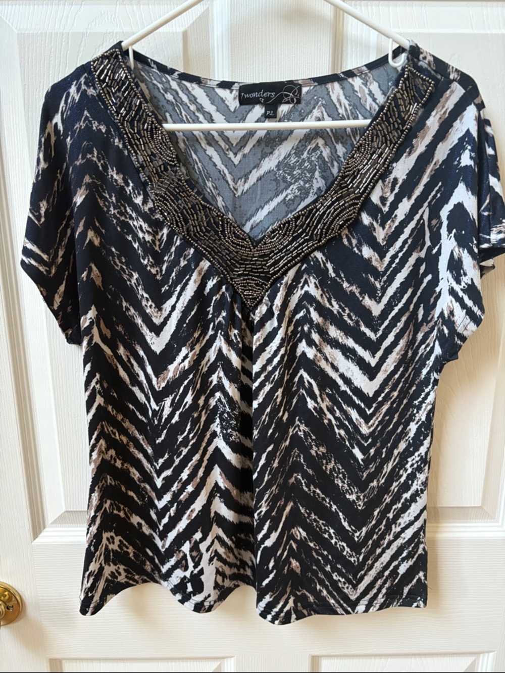 Women's Black & White Beaded V-Neck Blouse by 7 wonders
